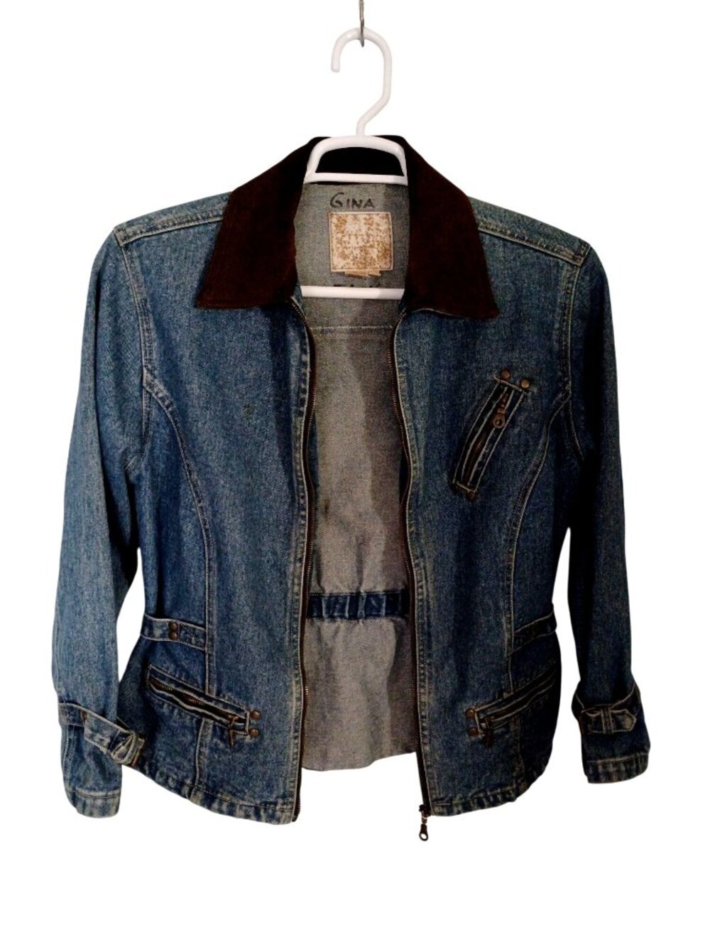 Denim Jacket Blue Y2K Moto Suede Brown Collar Buckles Asymmetrical Zip Women's M